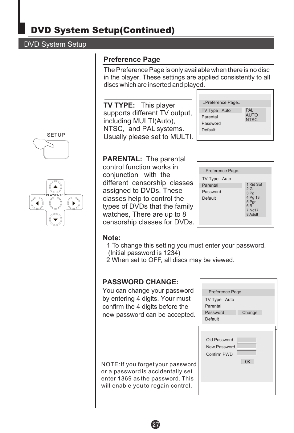 Dvd system setup(continued), Dvd system setup preference page, Password change | haier DTA-2198PF User Manual | Page 28 / 35