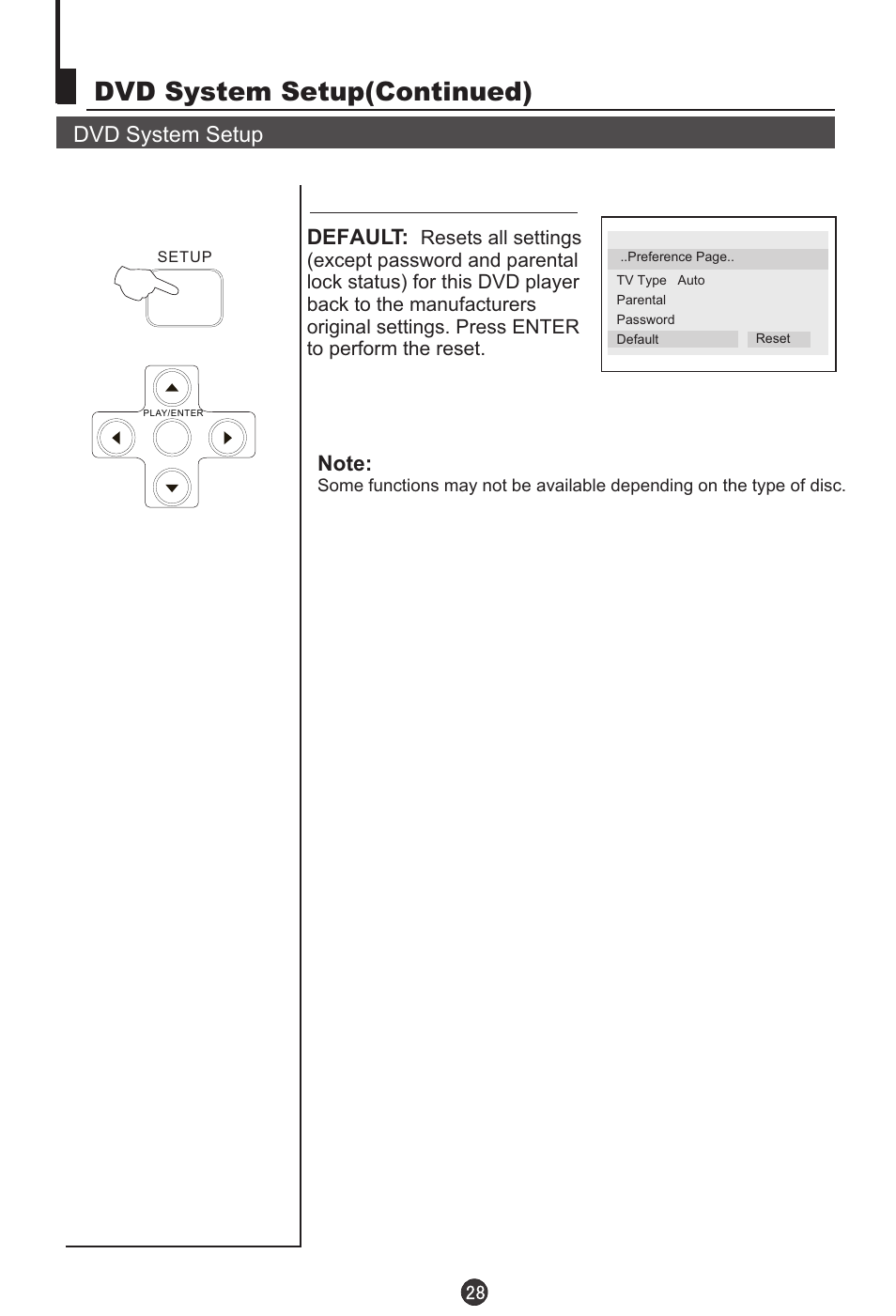 Dvd system setup(continued), Dvd system setup, Default | haier DTA-2198PF User Manual | Page 29 / 35