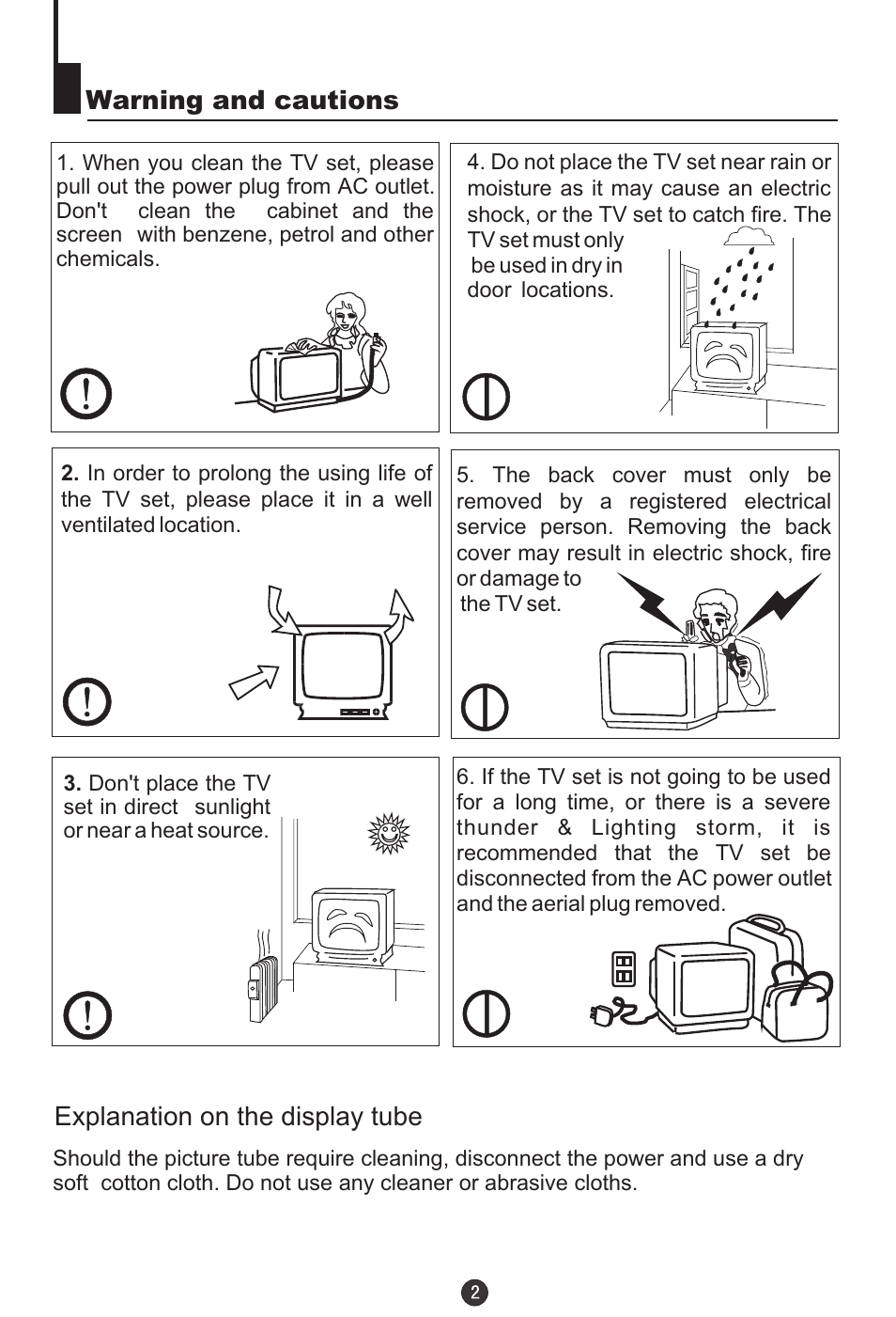 Warning and cautions, Explanation on the display tube | haier DTA-2198PF User Manual | Page 3 / 35