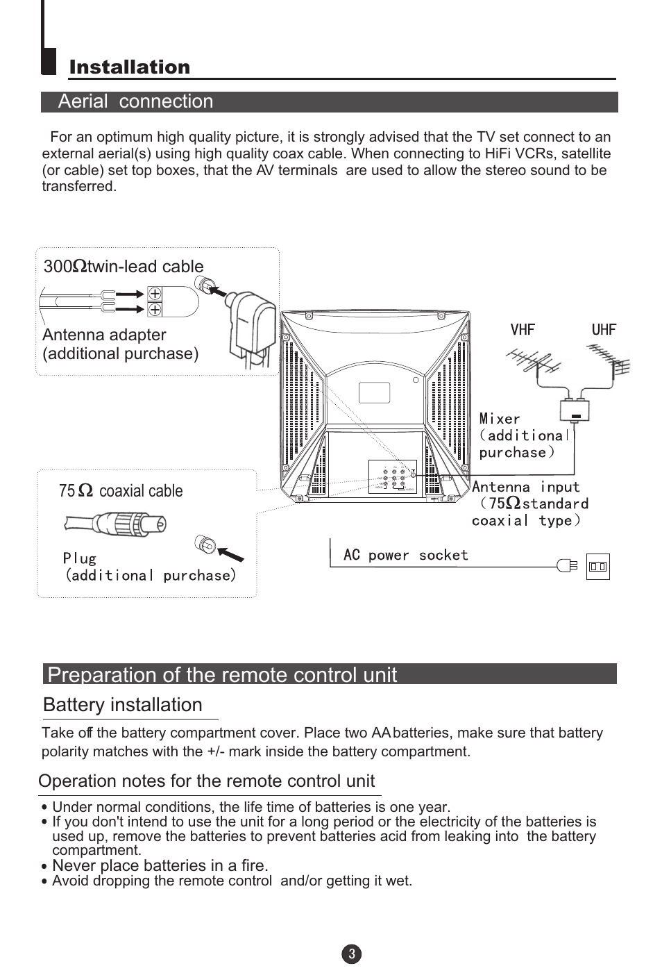 Preparation of the remote control unit, Battery installation, Installation aerial connection | 300 twin-lead cable, 75 coaxial cable, Antenna adapter (additional purchase), Never place batteries in a fire | haier DTA-2198PF User Manual | Page 4 / 35