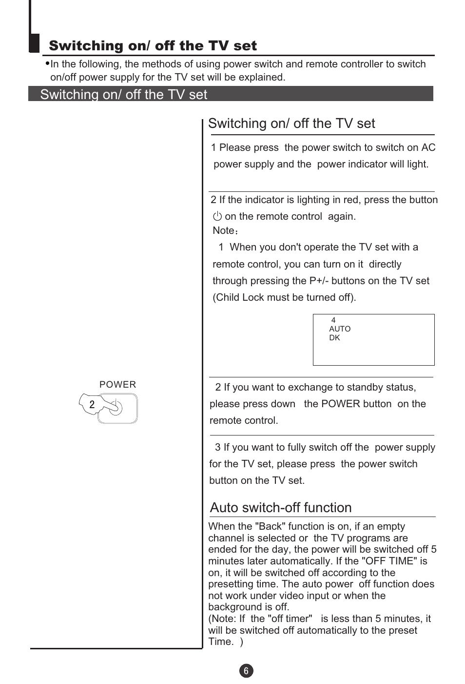 Switching on/ off the tv set, Auto switch-off function | haier DTA-2198PF User Manual | Page 7 / 35