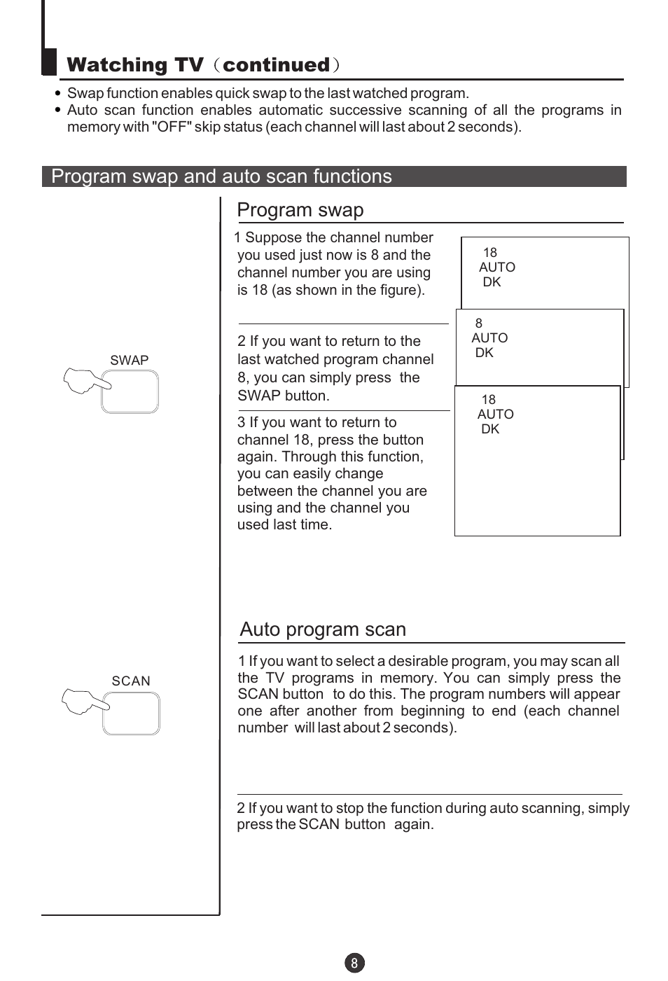 Watching tv continued, Program swap and auto scan functions program swap, Auto program scan | haier DTA-2198PF User Manual | Page 9 / 35