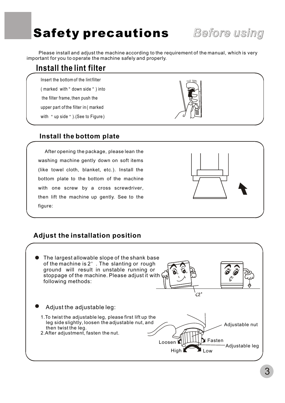 Safety precautions, Before using, Install the lint filter | haier XQB60-C User Manual | Page 5 / 20
