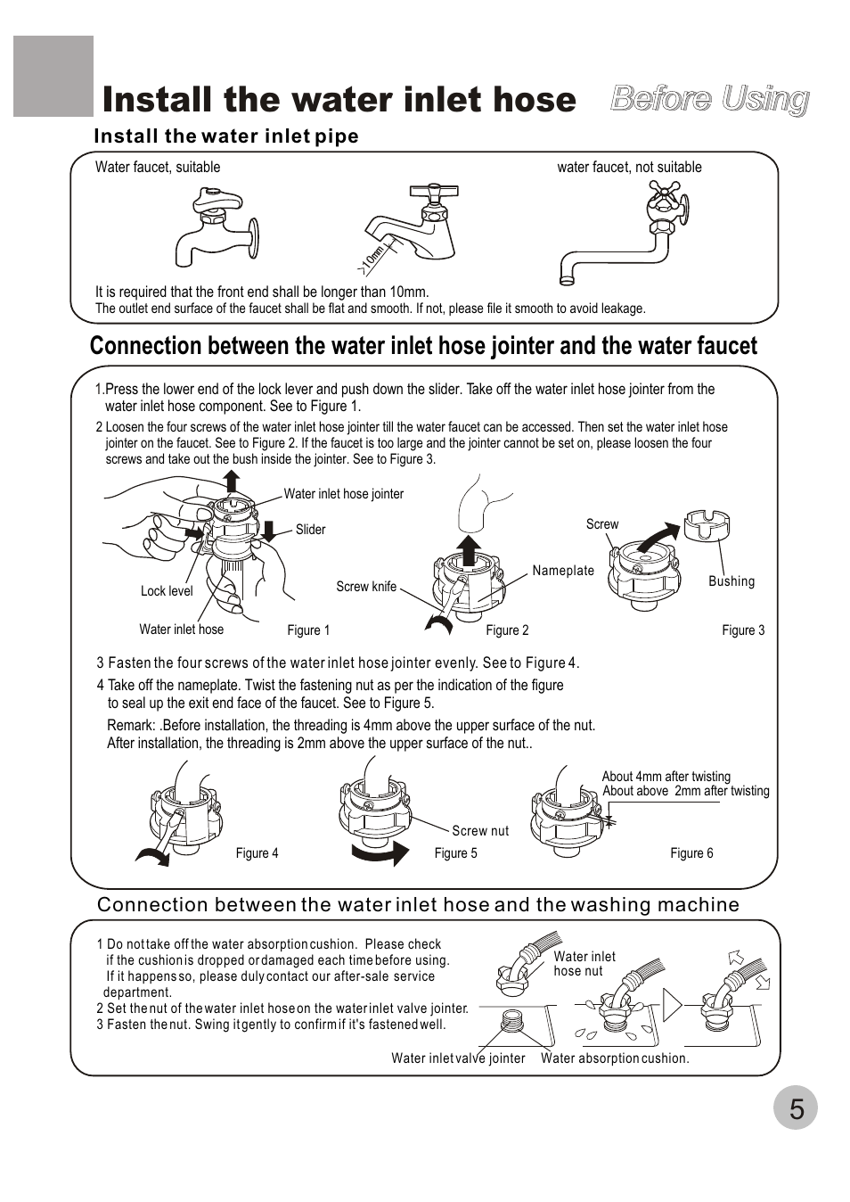 Install the water inlet hose, Before using | haier XQB60-C User Manual | Page 7 / 20