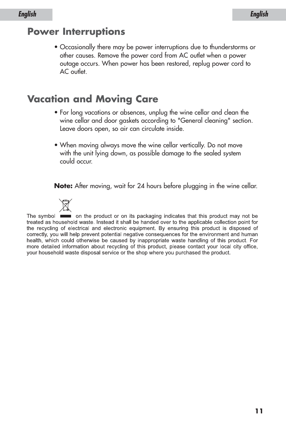 Power interruptions vacation and moving care | haier JC-110GD User Manual | Page 12 / 14