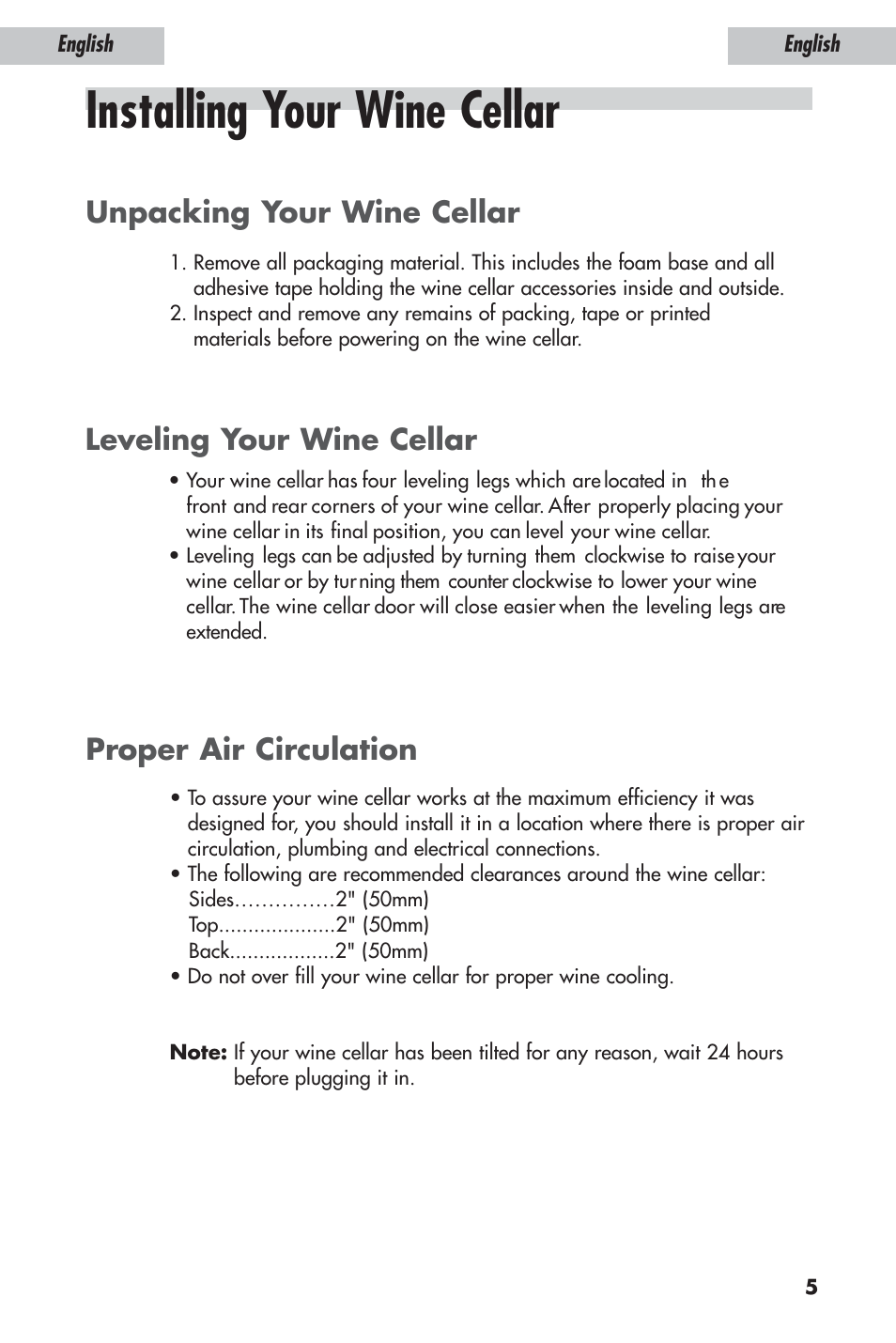 Installing your wine cellar, Leveling your wine cellar | haier JC-110GD User Manual | Page 6 / 14