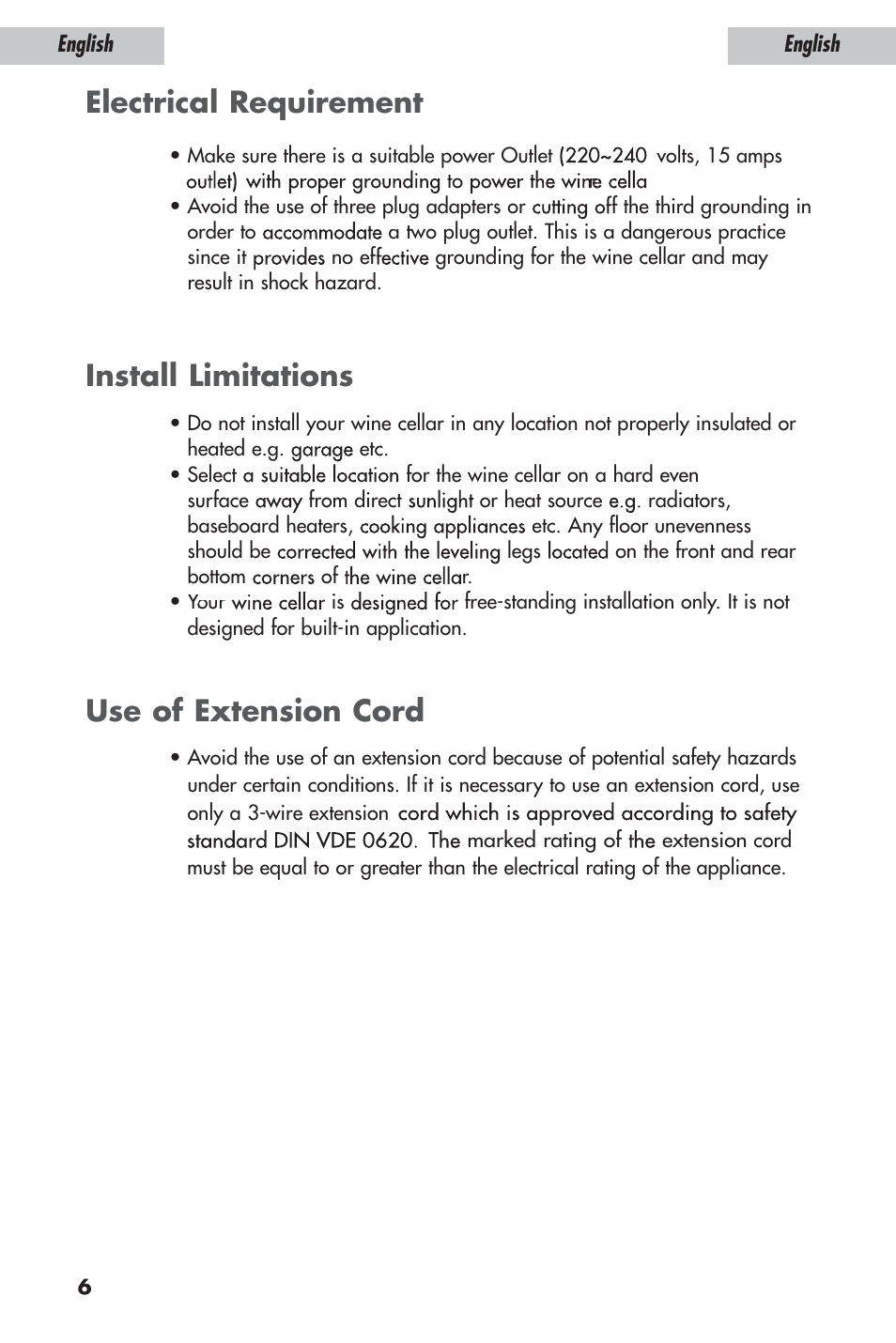 Electrical requirement, Install limitations use of extension cord | haier JC-110GD User Manual | Page 7 / 14