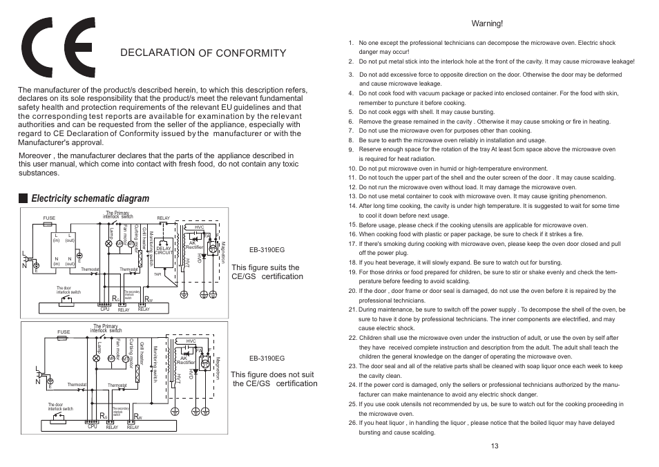 Declaration of conformity, Electricity schematic diagram, Warning | This figure suits the, Ce/gs, Certification this figure does not suit the ce/gs, Certification | haier EB-3190EG User Manual | Page 2 / 8