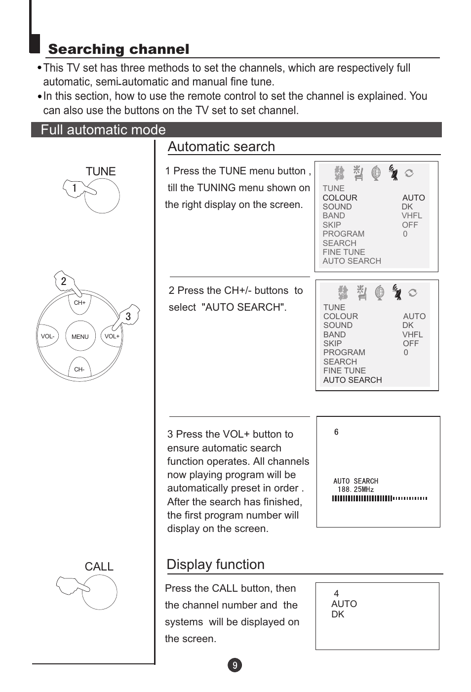 Searching channel, Full automatic mode automatic search, Display function | haier 29F9D-P User Manual | Page 10 / 28