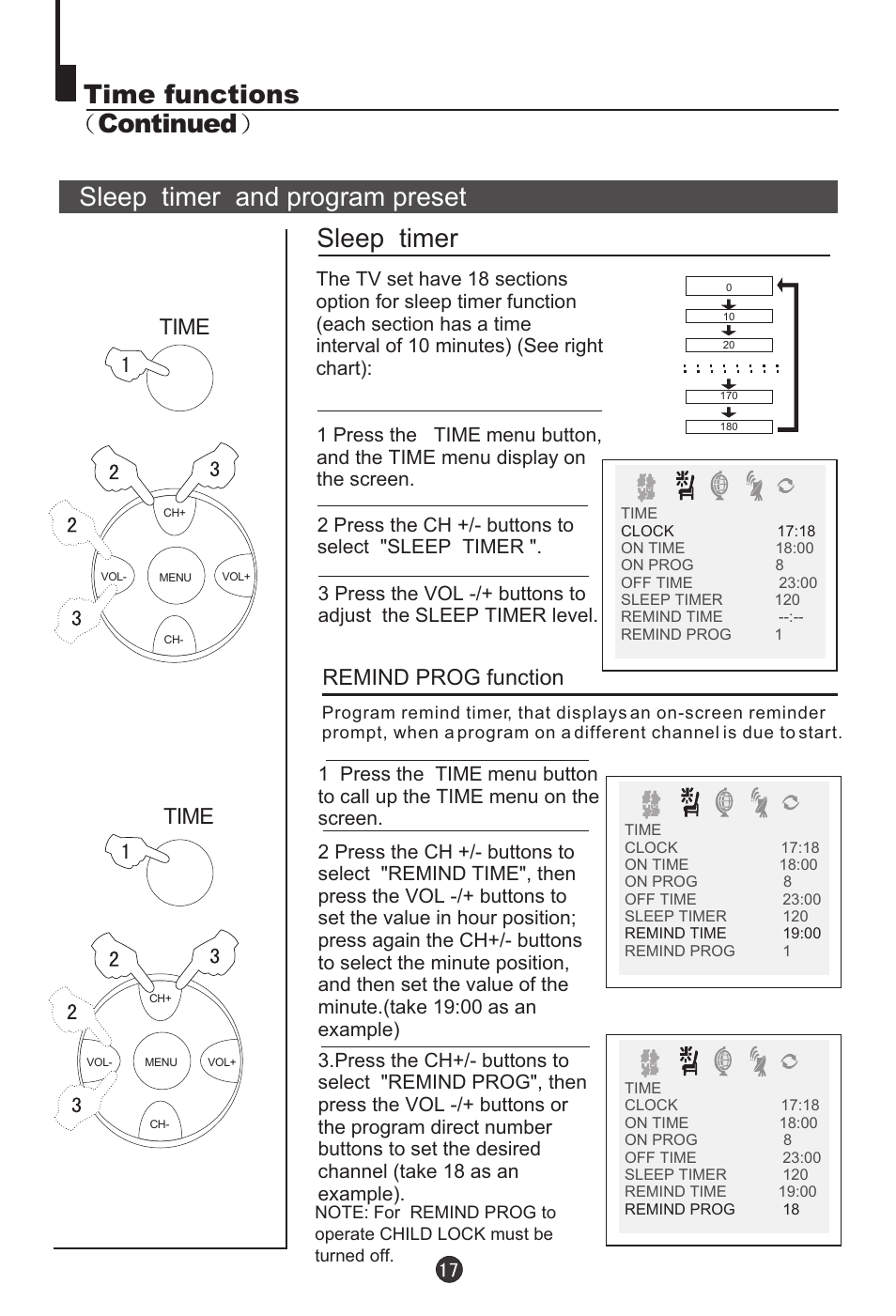 Sleep timer and program preset sleep timer, Time functions continued, Remind prog function | Time | haier 29F9D-P User Manual | Page 18 / 28