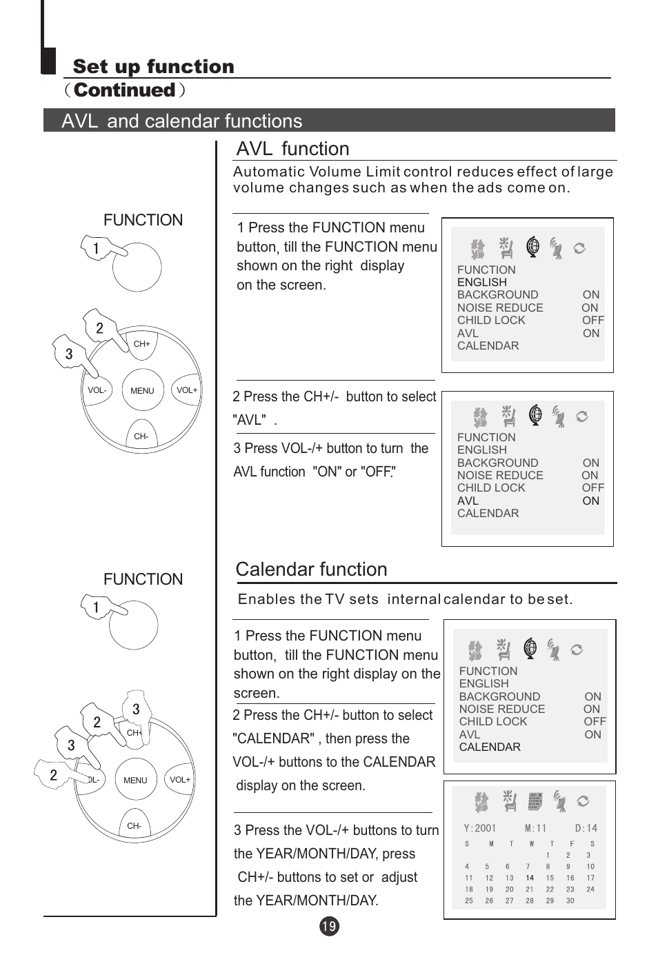 Calendar function, Avl function | haier 29F9D-P User Manual | Page 20 / 28
