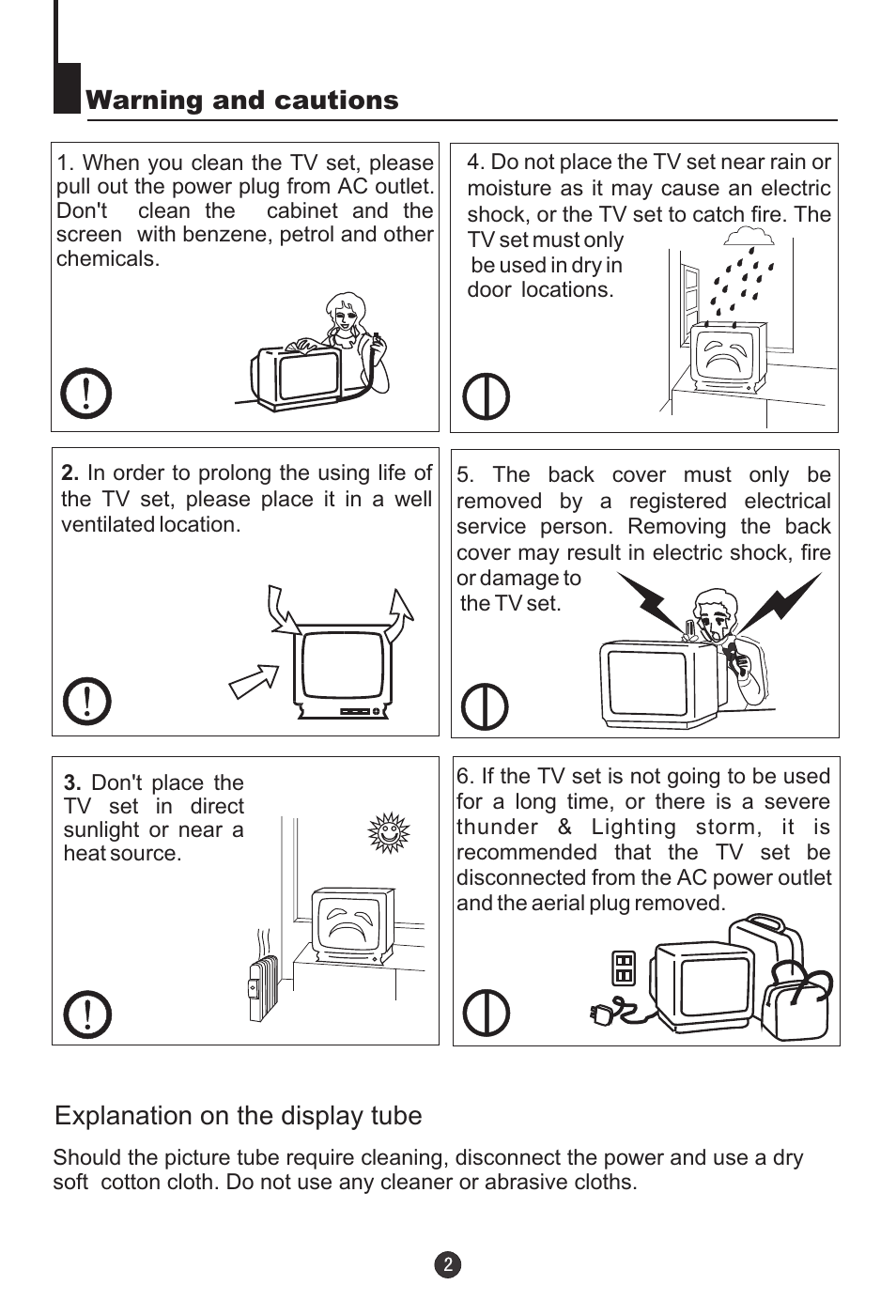 Warning and cautions, Explanation on the display tube | haier 29F9D-P User Manual | Page 3 / 28