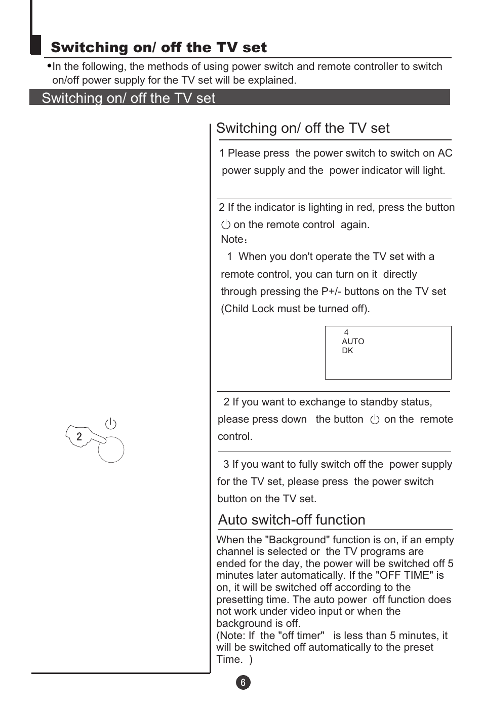 Switching on/ off the tv set, Auto switch-off function | haier 29F9D-P User Manual | Page 7 / 28