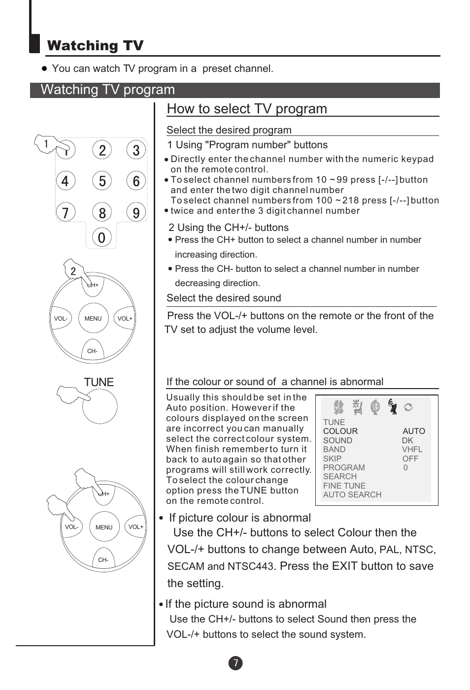 Watching tv watching tv program, How to select tv program, Tune | If picture colo r is abnormal u, If the picture sound is abnormal | haier 29F9D-P User Manual | Page 8 / 28