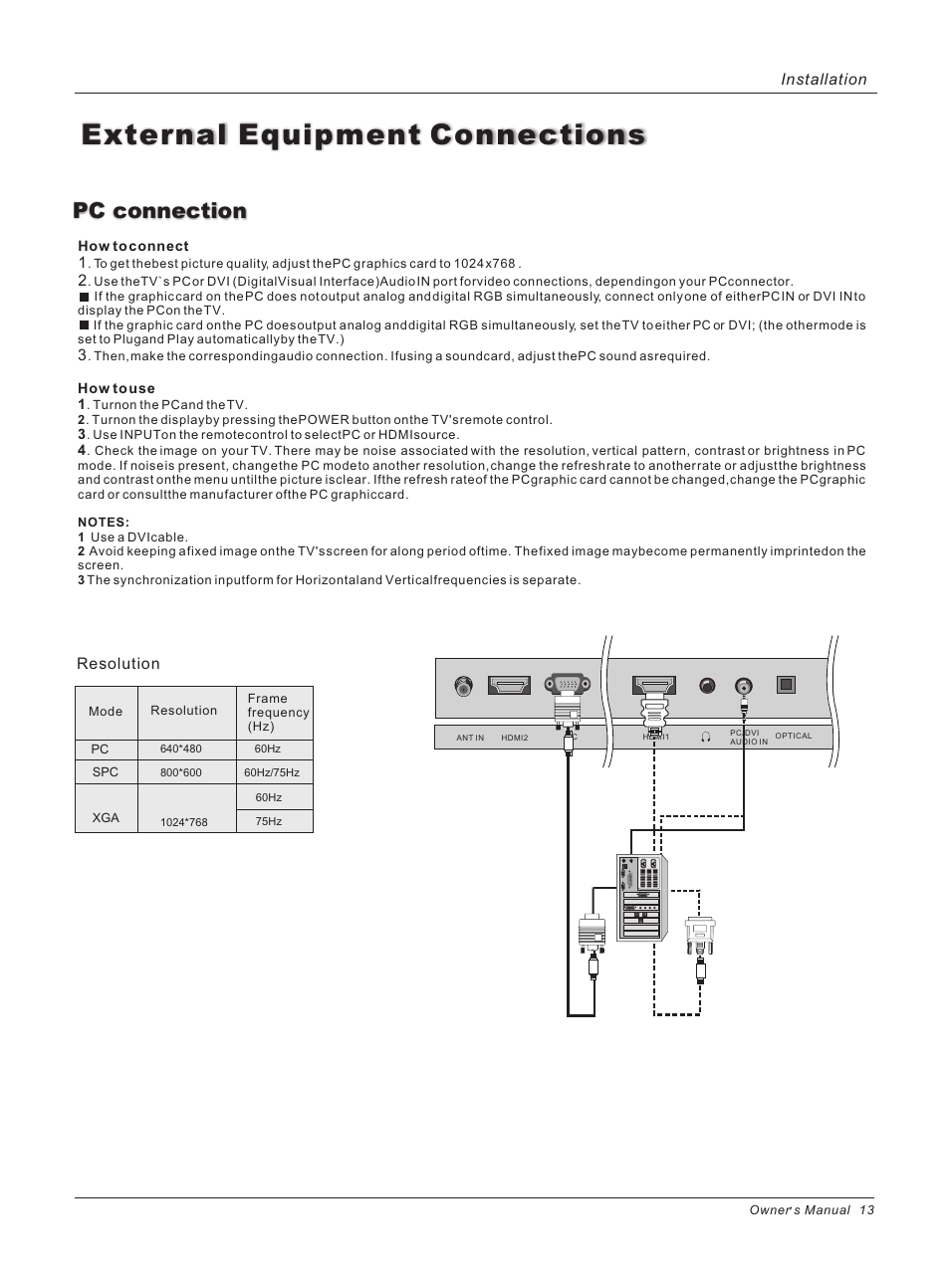 External equipment connections, Pc connection, Resolution | Installation | haier HL37E User Manual | Page 13 / 50