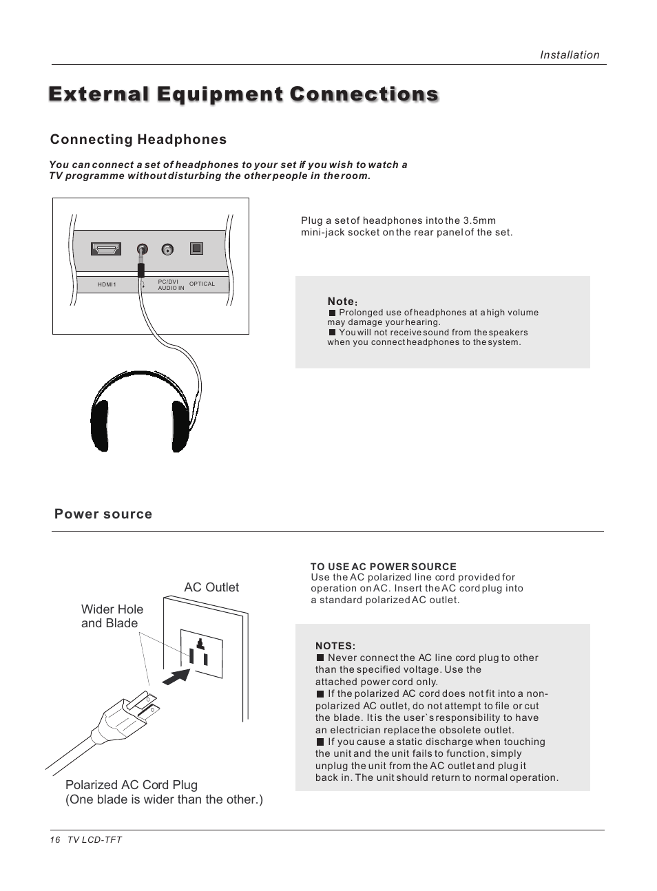External equipment connections, Power source, Connecting headphones | haier HL37E User Manual | Page 16 / 50