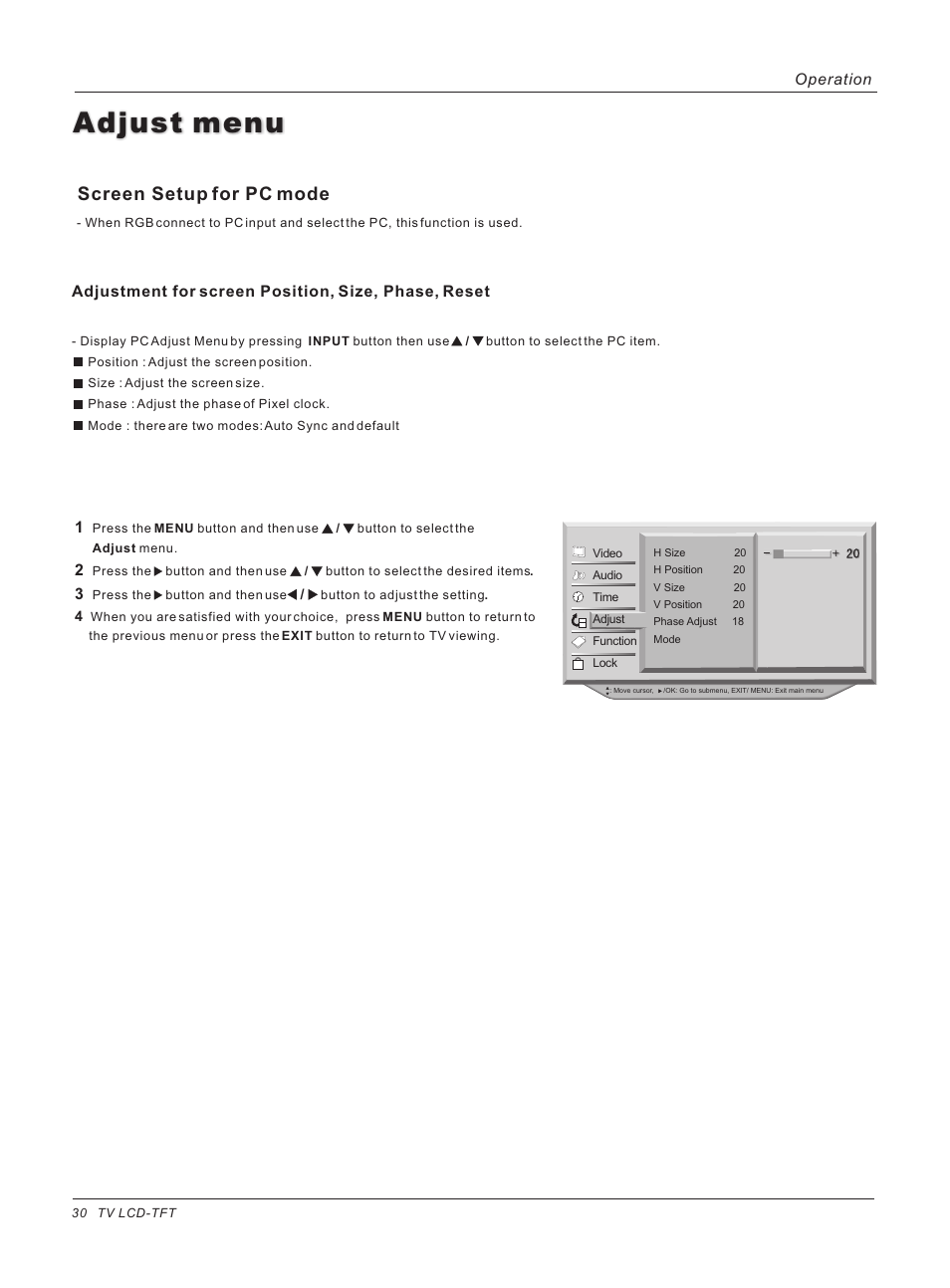 Adjust menu, Screen setup for pc mode | haier HL37E User Manual | Page 30 / 50