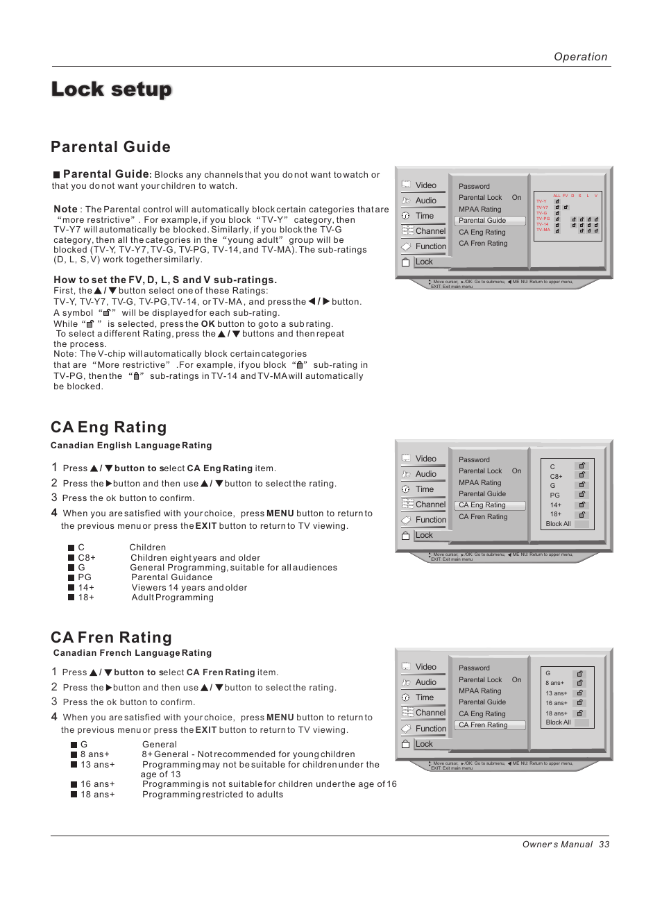 Lock setup, Parental guide ca eng rating ca fren rating, Parental guide | Operation | haier HL37E User Manual | Page 33 / 50