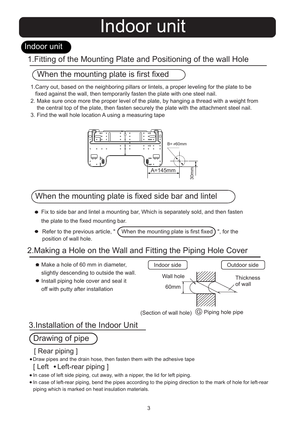 Indoor unit, Installation of the indoor unit drawing of pipe | haier 001051 User Manual | Page 3 / 8