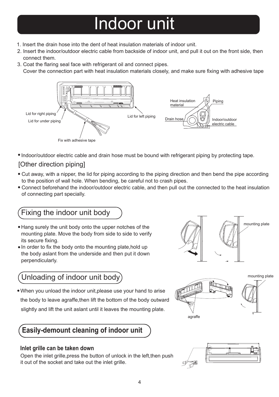 Indoor unit, Fixing the indoor unit body, Easily-demount cleaning of indoor unit | Unloading of indoor unit body, Other direction piping, Inlet grille can be taken down | haier 001051 User Manual | Page 4 / 8