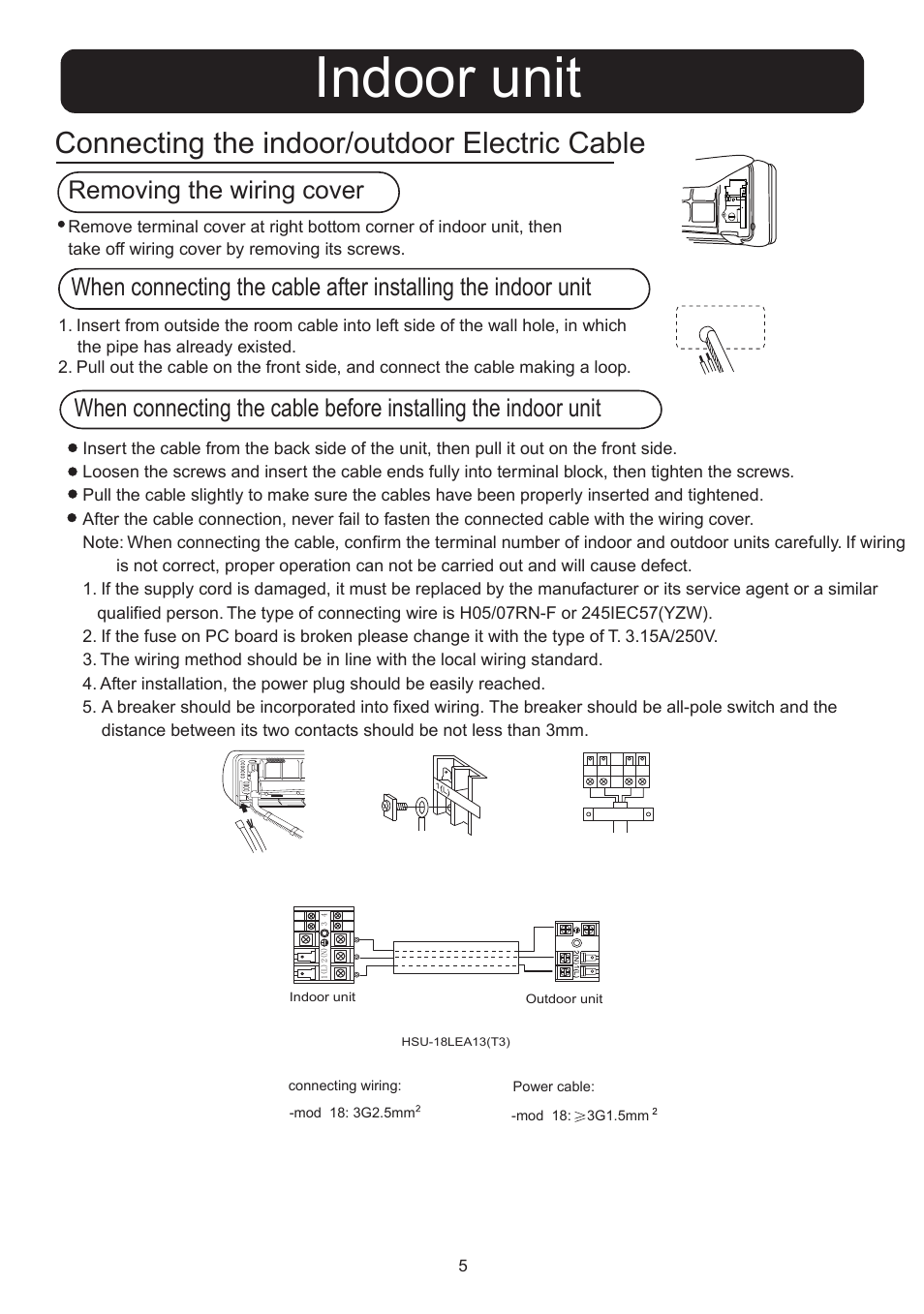 Indoor unit, Connecting the indoor/outdoor electric cable, Removing the wiring cover | haier 001051 User Manual | Page 5 / 8