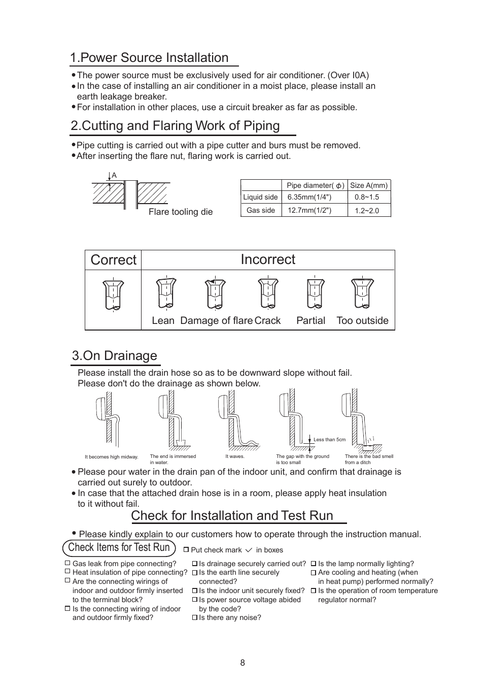 Correct incorrect, Check items for test run, Lean damage of flare crack partial too outside | haier 001051 User Manual | Page 8 / 8