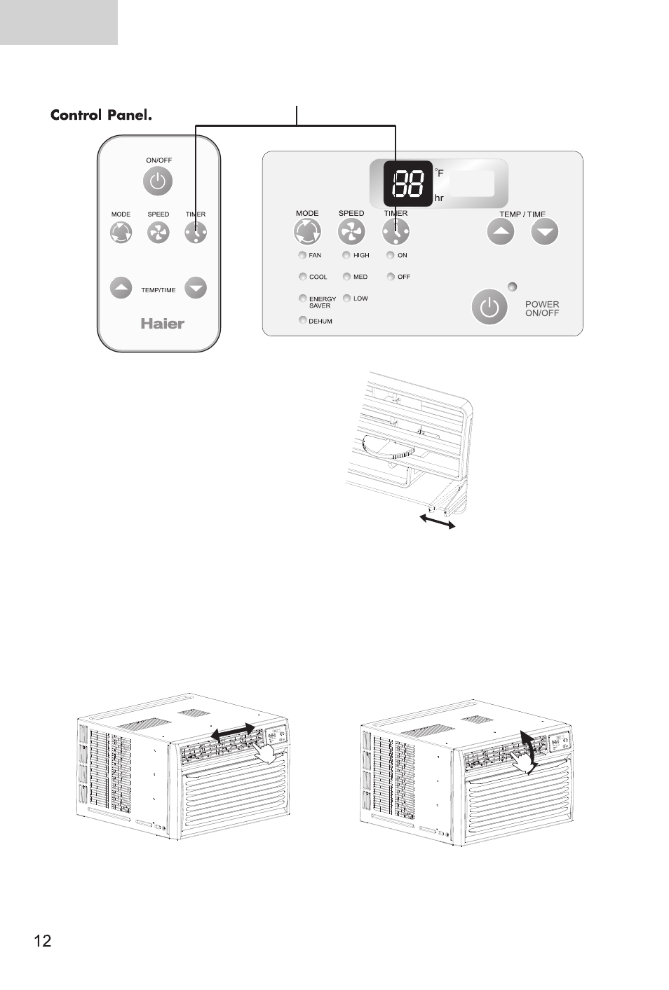 English, Vent control operations, Adjusting the air flow direction | haier ESA3125 User Manual | Page 14 / 24