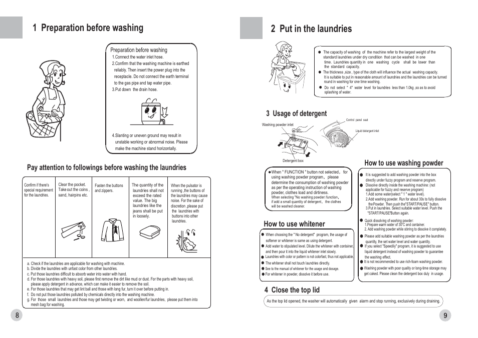 2 put in the laundries, 1 preparation before washing, 4 close the top lid | How to use whitener how to use washing powder, 3 usage of detergent | haier HWM70-0588H User Manual | Page 10 / 10