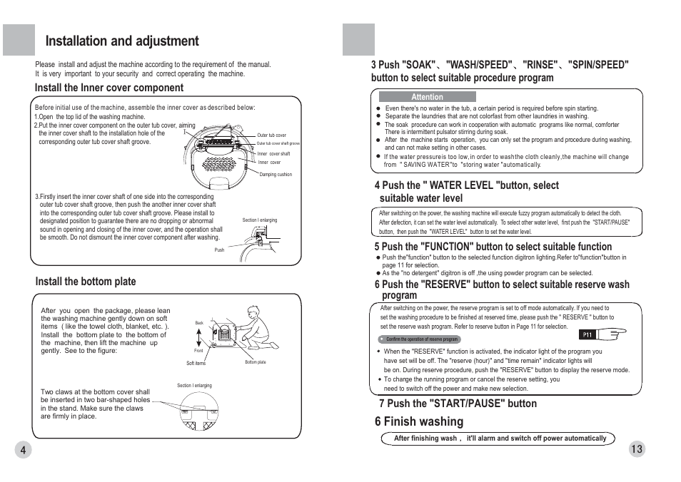 Installation and adjustment, 6 finish washing, Install the bottom plate | 7 push the "start/pause" button | haier HWM70-0588H User Manual | Page 6 / 10