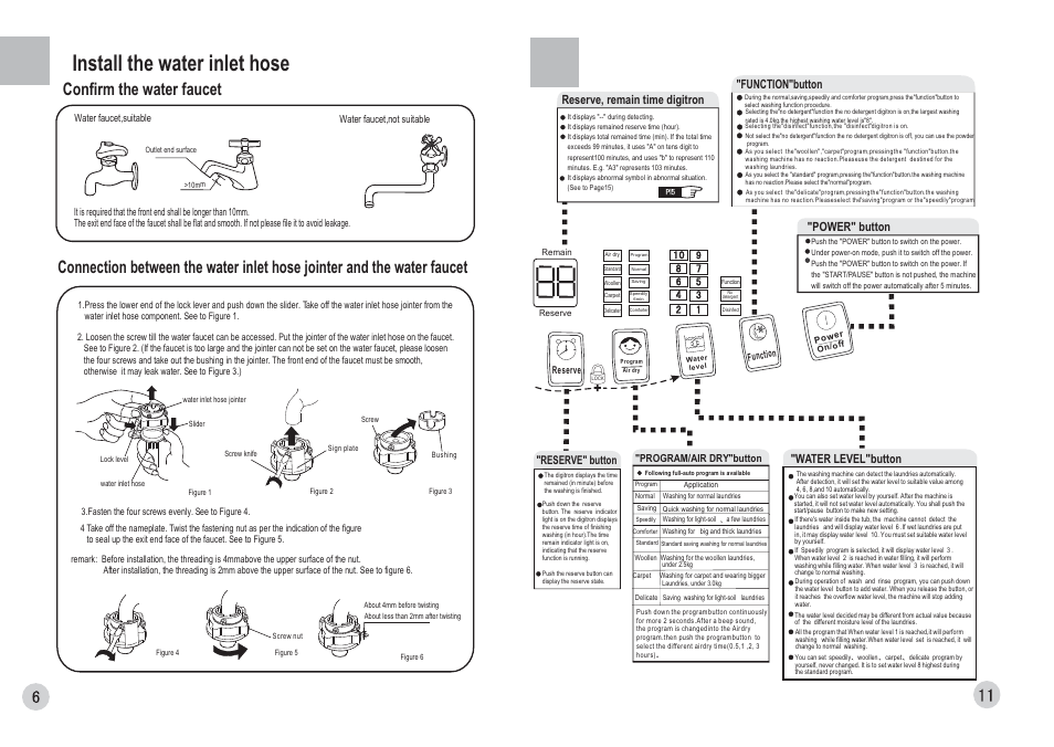 Install the water inlet hose, Confirm the water faucet, Reserve, remain time digitron | Power" button, Water level button, Function"button | haier HWM70-0588H User Manual | Page 8 / 10