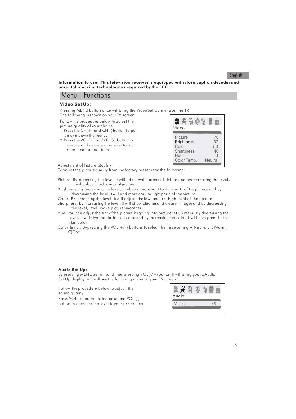 Menu functions, English, Video set up | haier HTN20R15 User Manual | Page 7 / 12