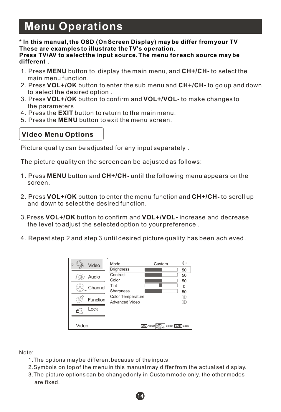 Menu operations, Video menu options | haier HL15RW User Manual | Page 19 / 47