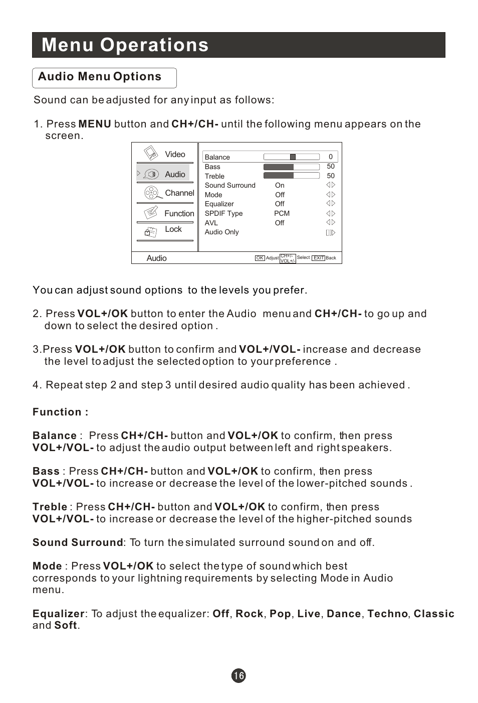 Menu operations, Audio menu options | haier HL15RW User Manual | Page 21 / 47