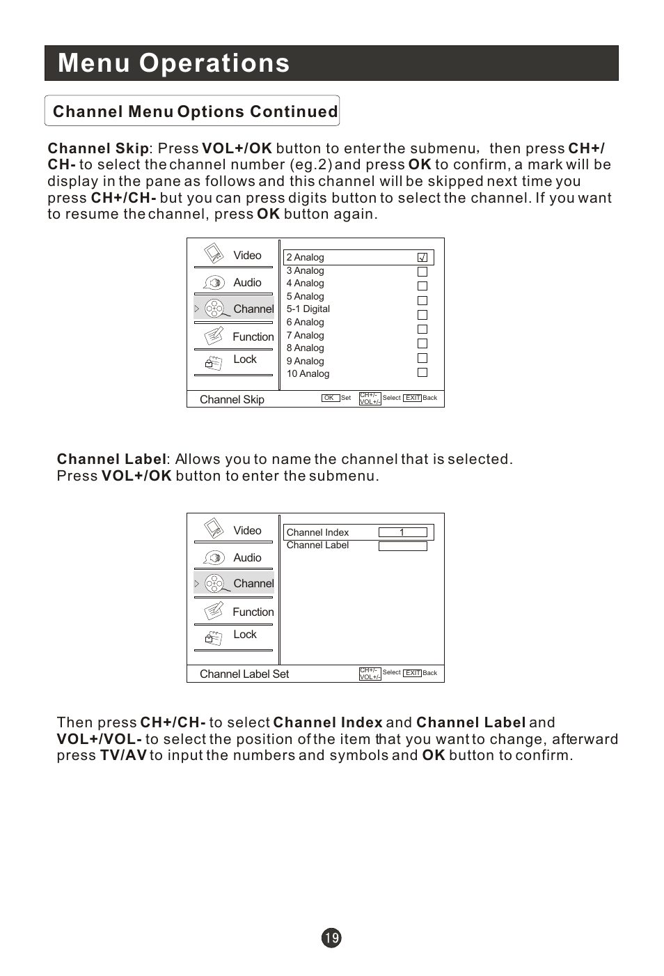 Menu operations, Channel menu options continued | haier HL15RW User Manual | Page 24 / 47