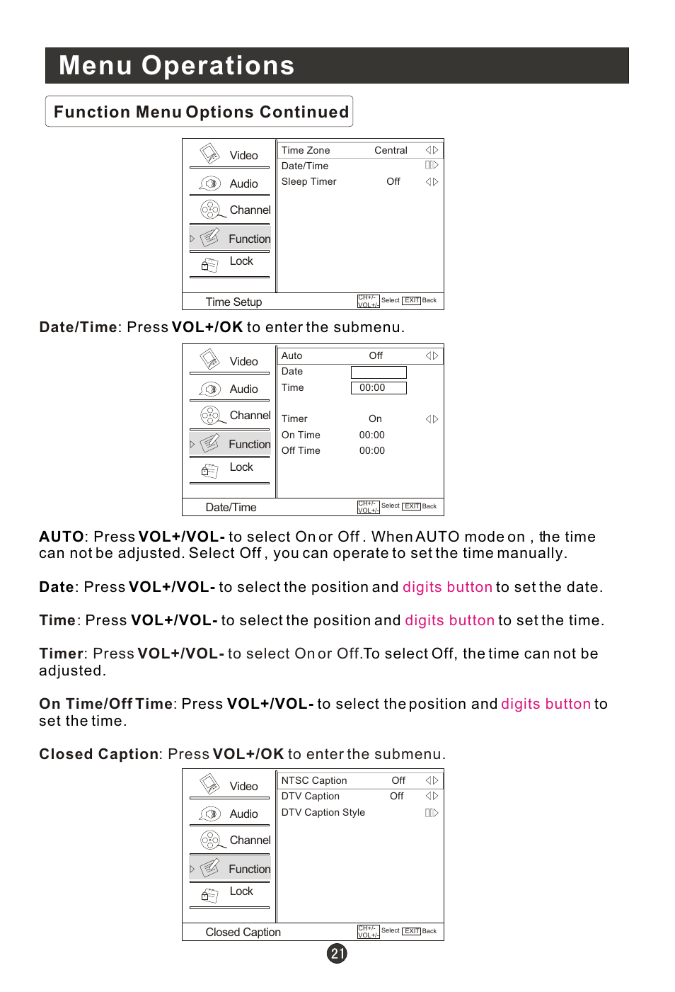 Menu operations, Function menu options continued, Date/time : press vol+/ok to enter the submenu | haier HL15RW User Manual | Page 26 / 47