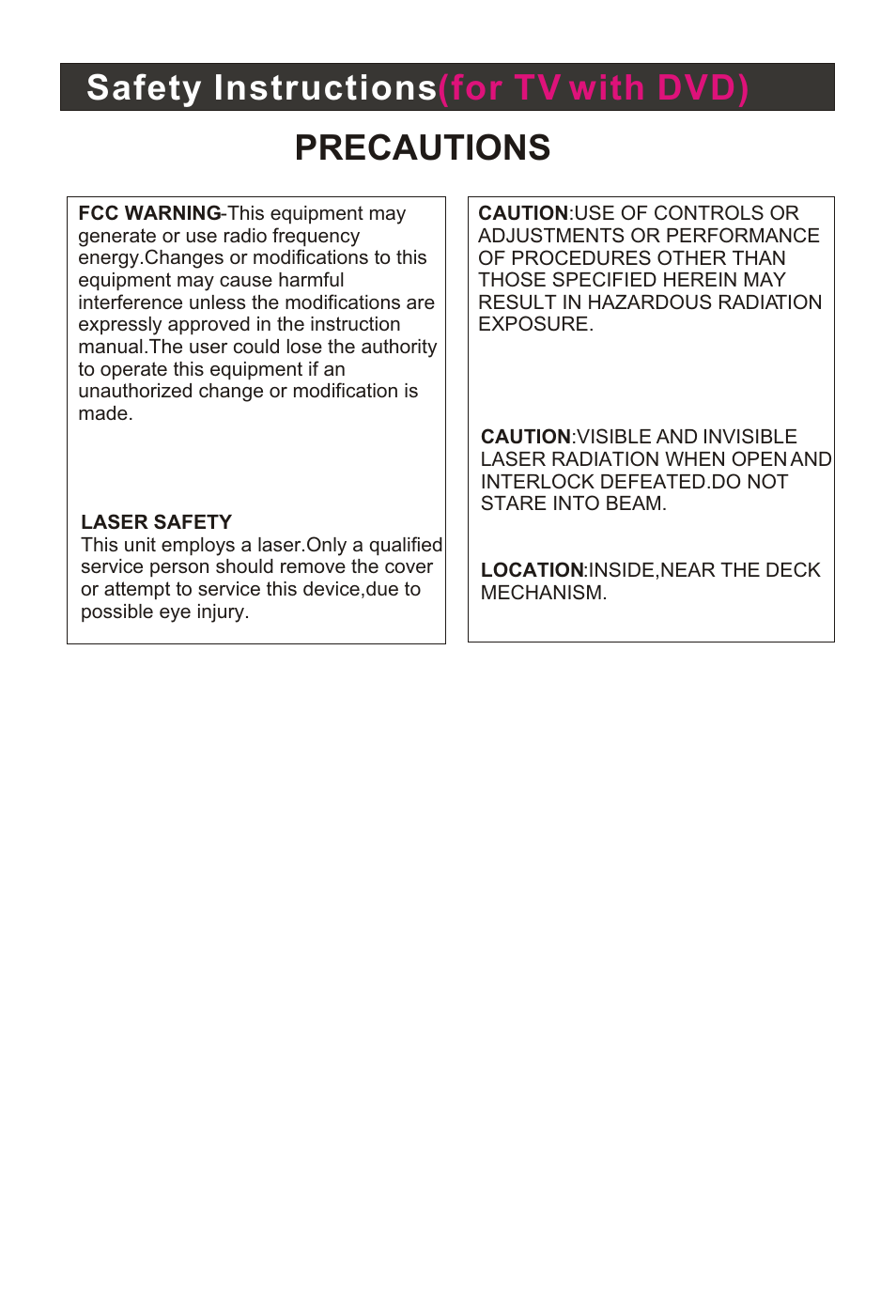 Safety instructions (for tv with dvd) precautions | haier HL15RW User Manual | Page 4 / 47