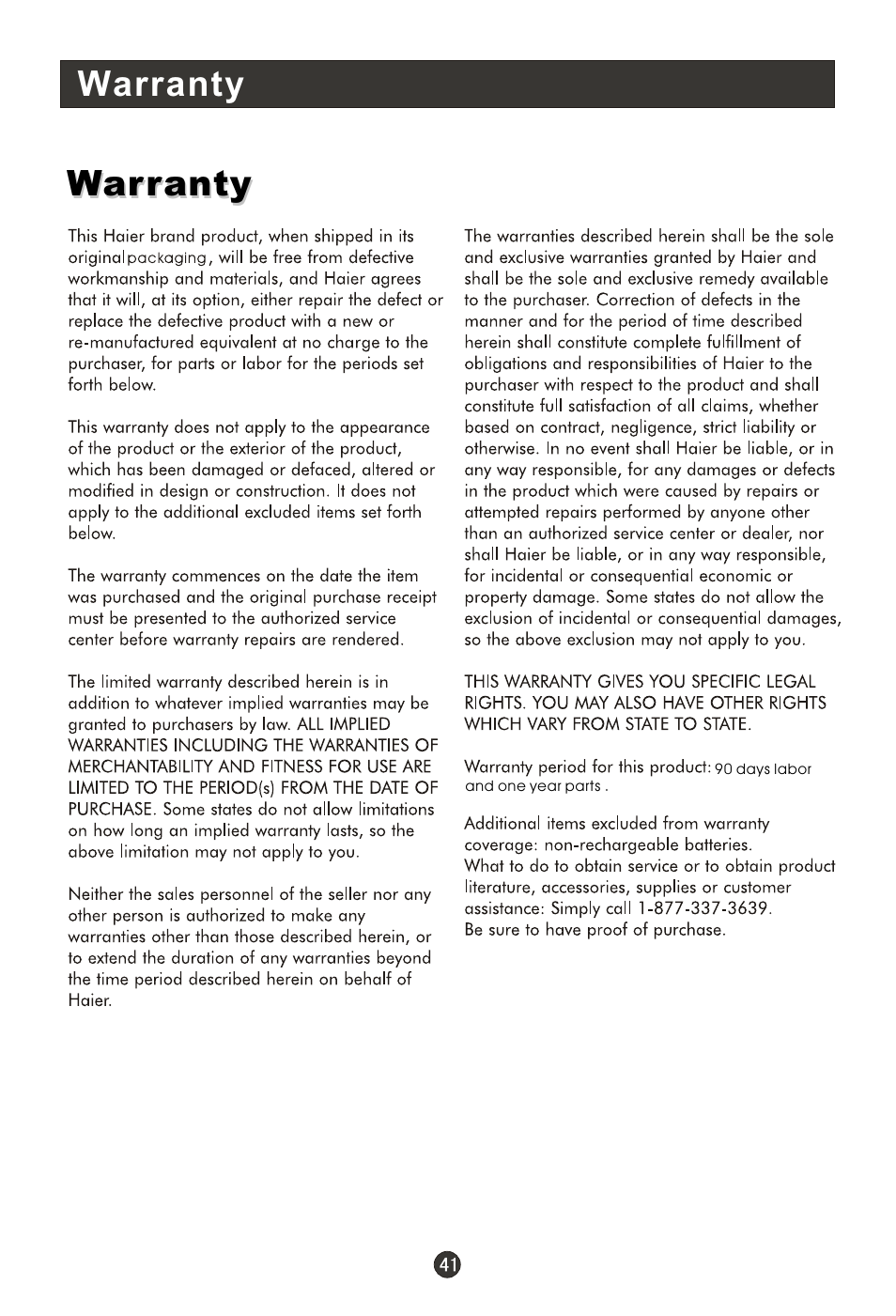 Warranty | haier HL15RW User Manual | Page 46 / 47