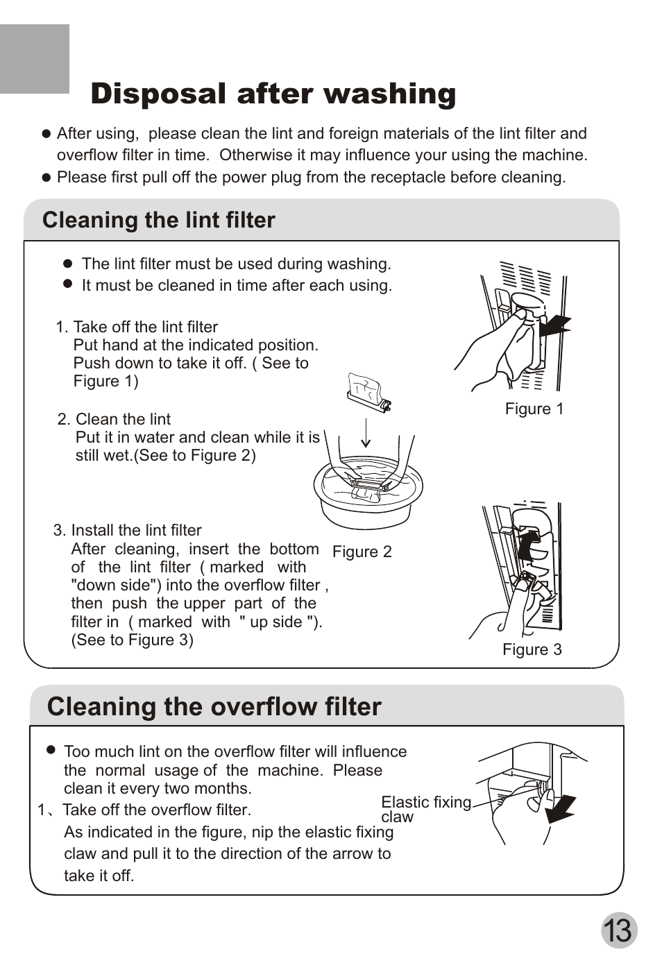 Disposal after washing, Cleaning the overflow filter, Cleaning the lint filter | haier HWM75-113S User Manual | Page 15 / 20