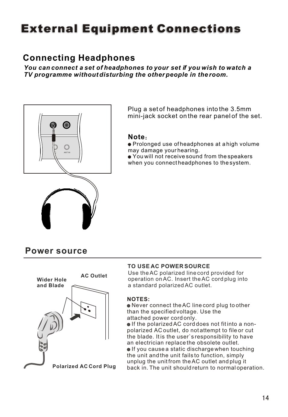 Т³гж 15, External equipment connections, Power source | Connecting headphones | haier L26A16 User Manual | Page 15 / 38