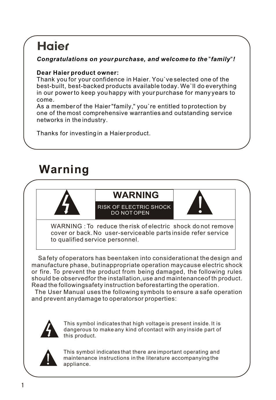 Т³гж 2, Warning | haier L26A16 User Manual | Page 2 / 38