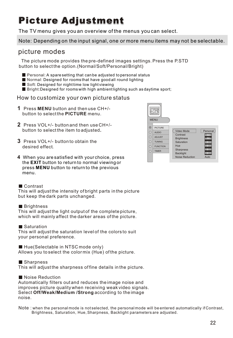 Т³гж 23, Picture adjustment, Picture modes | How to customize your own picture status | haier L26A16 User Manual | Page 23 / 38