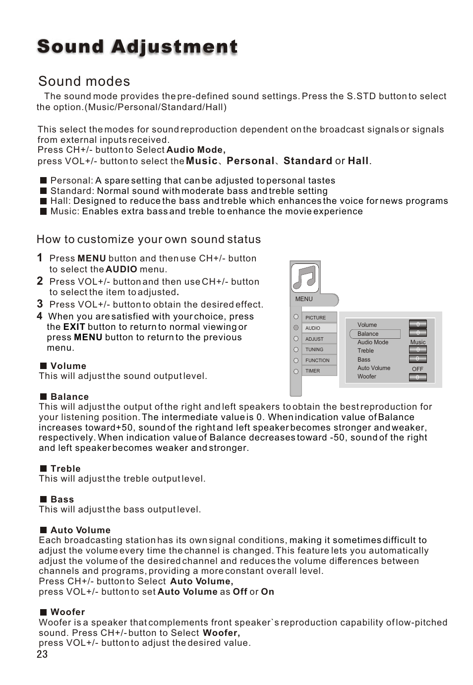 Т³гж 24, Sound adjustment, Sound modes | How to customize your own sound status | haier L26A16 User Manual | Page 24 / 38