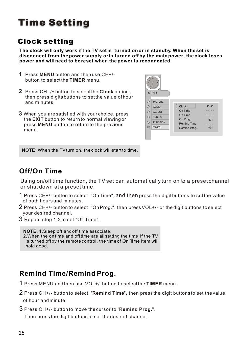 Т³гж 26, Time setting, Clock setting | Off/on time, Remind time/remind prog | haier L26A16 User Manual | Page 26 / 38