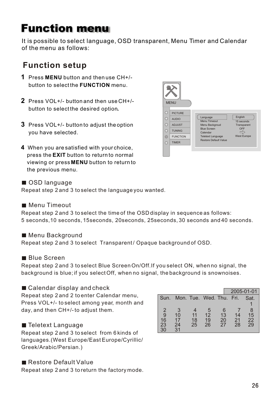 Т³гж 27, Function menu, Function setup | haier L26A16 User Manual | Page 27 / 38