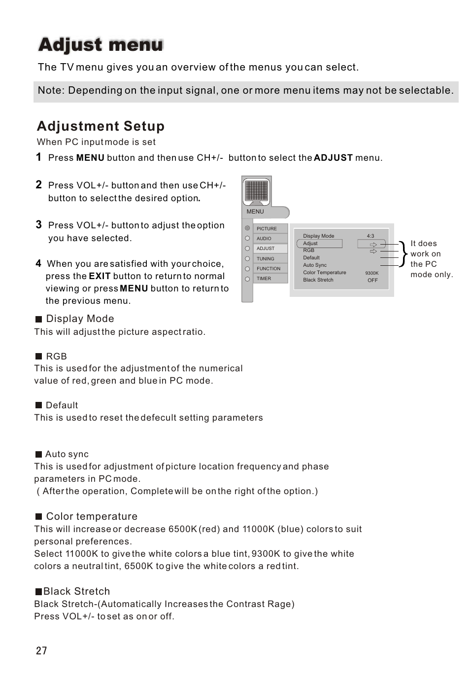 Т³гж 28, Adjust menu, Adjustment setup | Display mode, Color temperature, Black stretch | haier L26A16 User Manual | Page 28 / 38