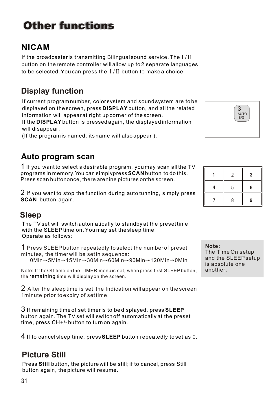 Т³гж 32, Other functions, Display function nicam | Auto program scan, Sleep, Picture still | haier L26A16 User Manual | Page 32 / 38