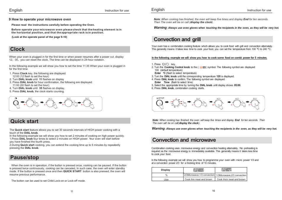 Clock, Convection and microwave, Pause/stop | Convection and grill, Quick start, English, 9 how to operate your microwave oven, Warning | haier EB-3190EC User Manual | Page 14 / 16