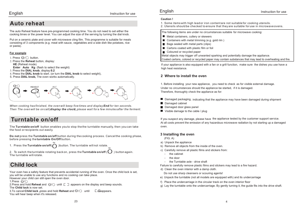 Auto reheat, Turntable on/off child lock, English | haier EB-3190EC User Manual | Page 7 / 16