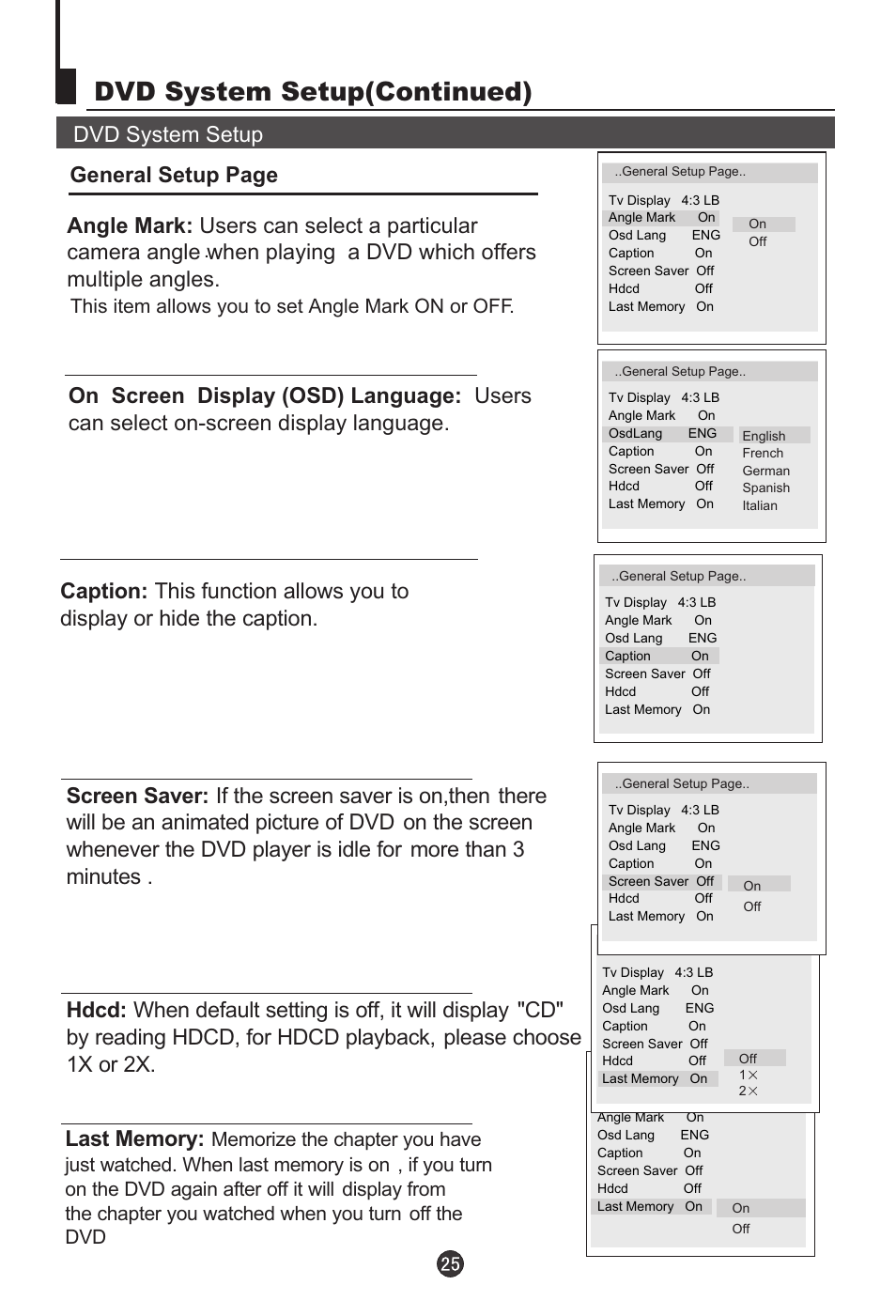 Dvd system setup(continued), This item allows you to set angle mark on or off | haier L1920A-C User Manual | Page 27 / 34