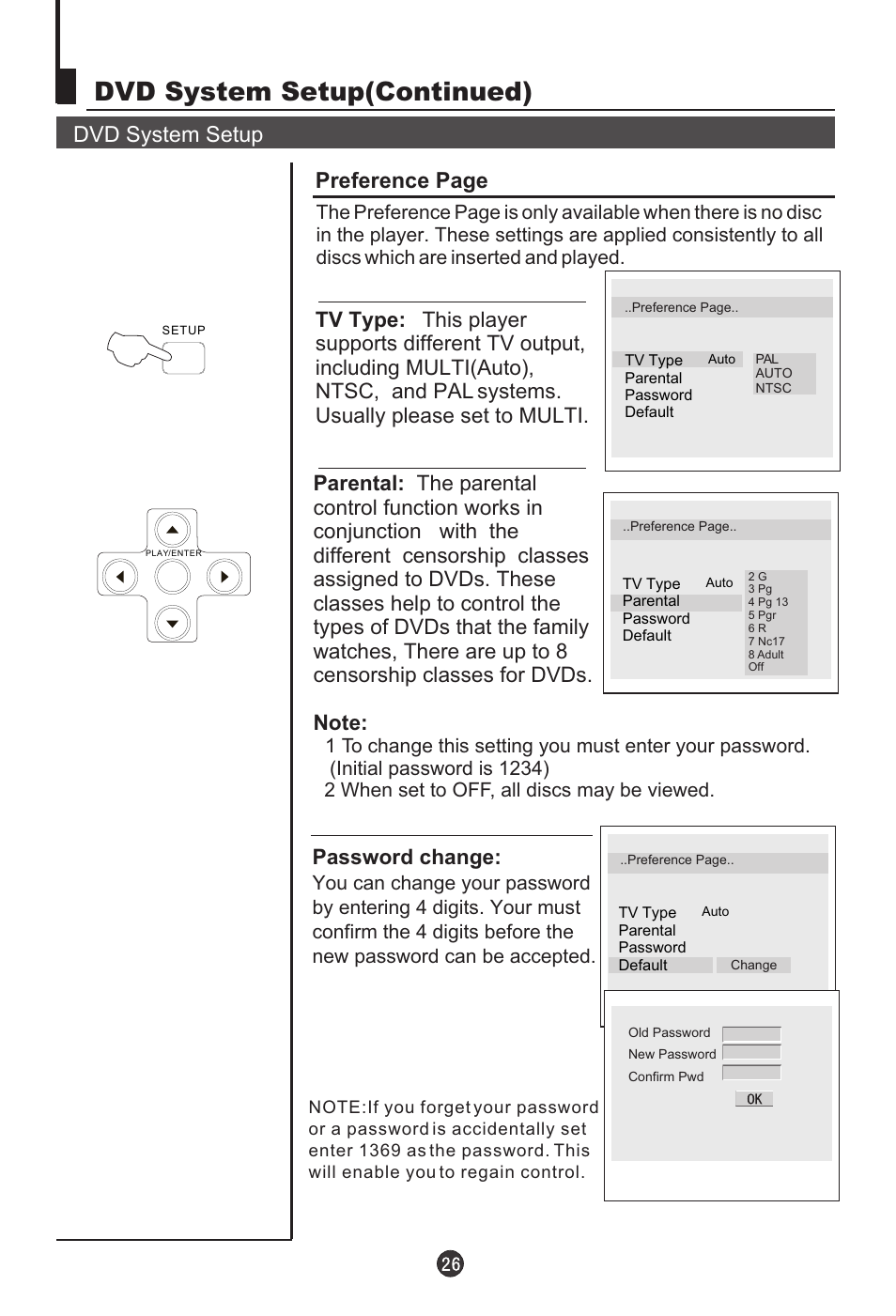 Dvd system setup(continued), Dvd system setup, Preference page | Password change | haier L1920A-C User Manual | Page 28 / 34